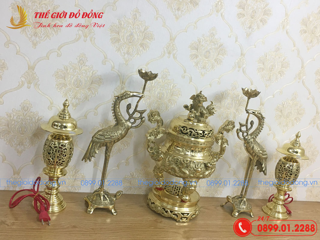 bo-do-tho-5-mon-dinh-rong-mau-vang-bong-cao-40cm-03 bộ đồ thờ 5 món đỉnh rồng màu vàng bóng cao 40cm - 03