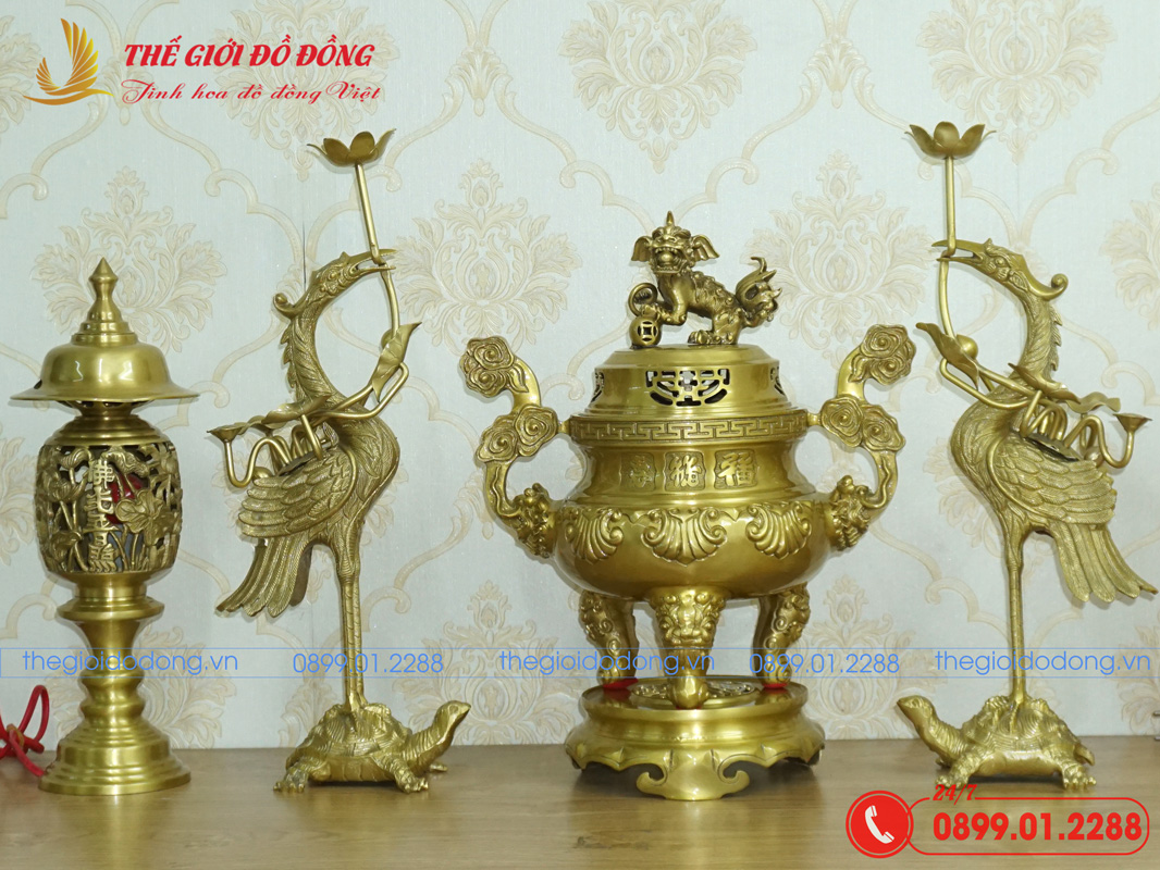 bo-do-tho-5-mon-dinh-soi-mau-vang-dam-cao-40cm-02 bộ đồ thờ 5 món đỉnh sòi màu vàng đậm cao 40cm - 02