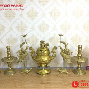 bộ đồ thờ 7 món đỉnh dơi đào màu vàng đậm cao 40cm - 02