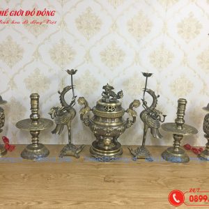 bộ đồ thờ 7 món đỉnh dơi đào màu xanh cạo cao 40cm - 02