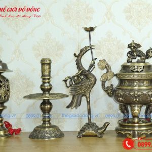 bộ đồ thờ 7 món đỉnh dơi đào màu xanh cạo cao 40cm - 04