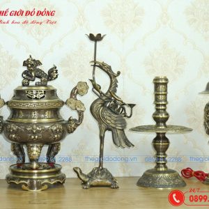 bộ đồ thờ 7 món đỉnh dơi đào màu xanh cạo cao 40cm - 06