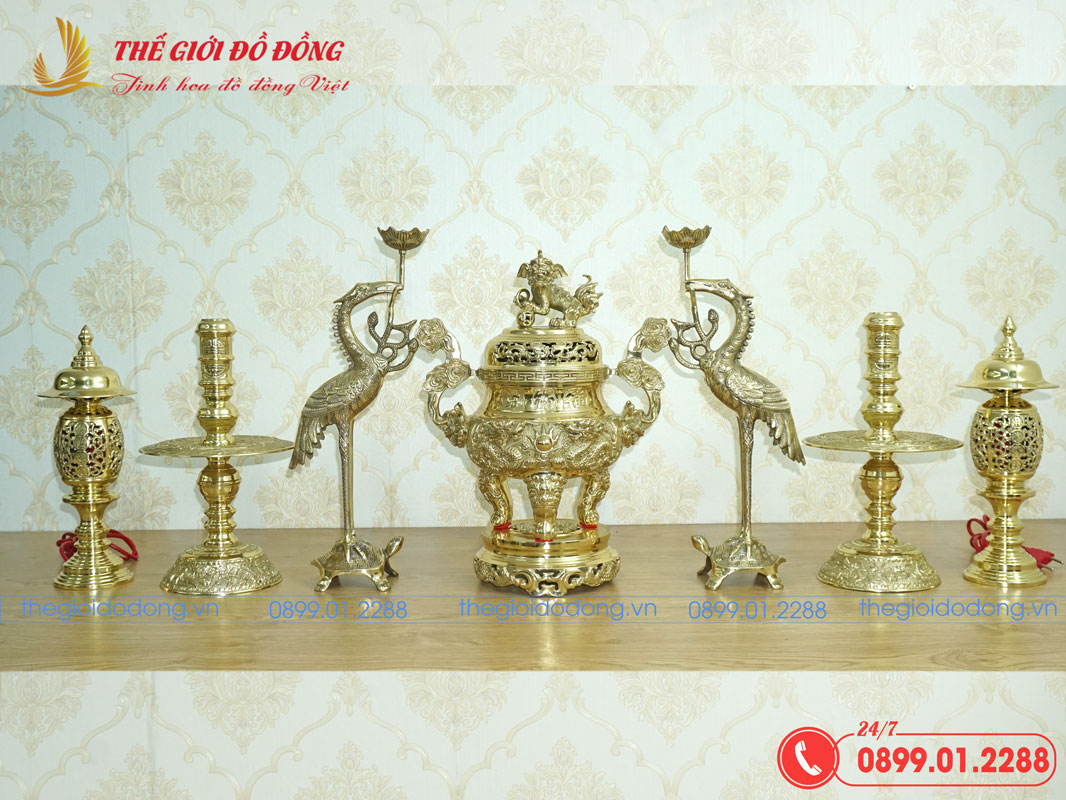 bo-do-tho-7-mon-dinh-rong-mau-vang-bong-cao-40cm-01 bộ đồ thờ 7 món đỉnh rồng màu vàng bóng cao 40cm - 01