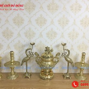 bộ đồ thờ 7 món đỉnh rồng màu vàng bóng cao 40cm - 03