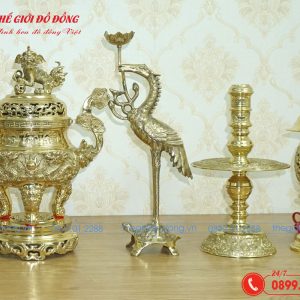 bộ đồ thờ 7 món đỉnh rồng màu vàng bóng cao 40cm - 06