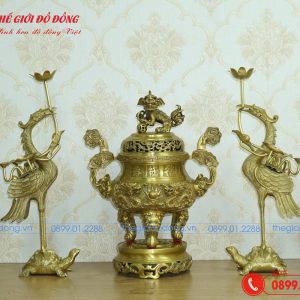 bộ đồ thờ 7 món đỉnh rồng màu vàng đậm cao 40cm - 05