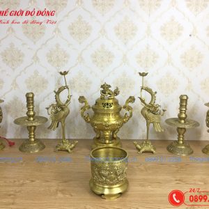 bộ đồ thờ 8 món đỉnh dơi đào màu vàng đậm cao 40cm - 02